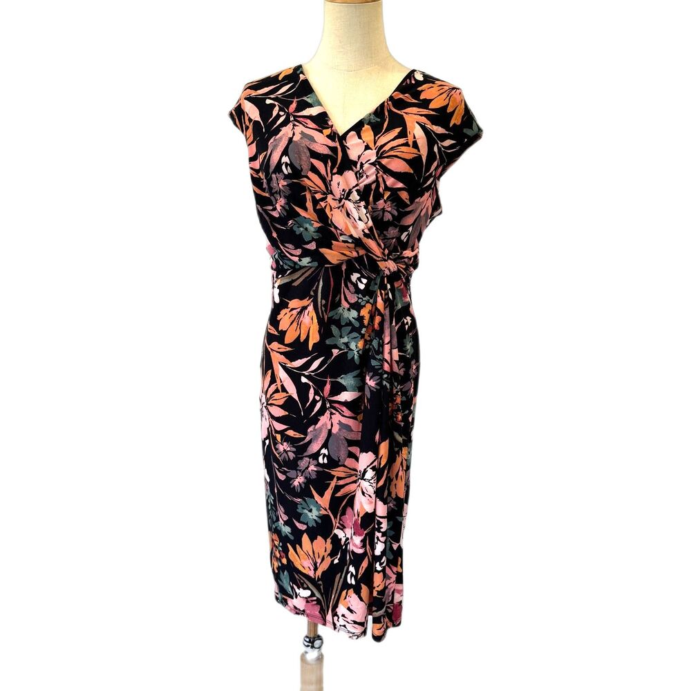 Anne Klein Black Midi Wrap Dress with Pink and Orange Floral Print